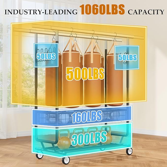 Gewudraw Heavy Duty Clothes Rack with Metal Basket, 1060 LBS Rolling Double Rod Garment Rack, Portable Extendable Clothing Ra
