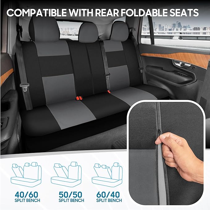 BDK PolyPro Car Seat Covers Full Set in Gray on Black, Front and Rear Split Bench Seat Covers for Cars, Easy to Install Car S