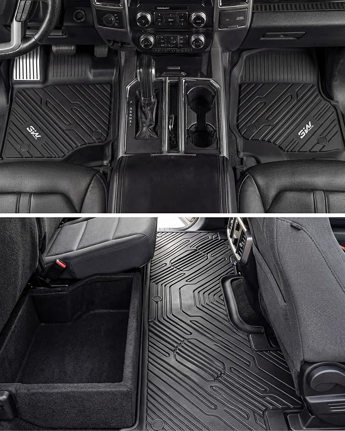 3W Floor Mats (with Metal Pedals) Fit for Ford F-150 2015-2026 & F150 Lightning 2022-2025 SuperCrew, TPE All Weather Car Mats Custom Fit Accessories (w/s Original fold Under-Seat Storage Box)