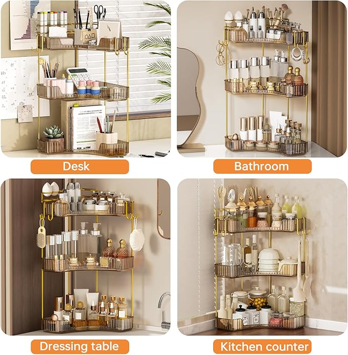 3-Tier Corner Bathroom Counter Organizer，Makeup & Skincare Shelf with Built-in Brush Holder，Space-Saving Bathroom Countertop 
