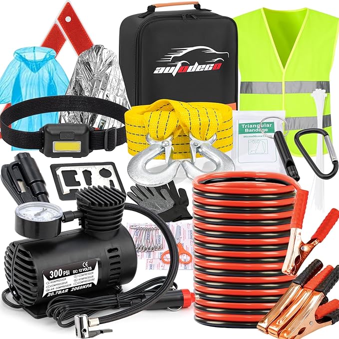 AUTODECO Car Roadside Emergency Kit, Car Safety Kit Portable Vehicle Kits for Emergency with Jumper Cables, Tow Straps, Safet