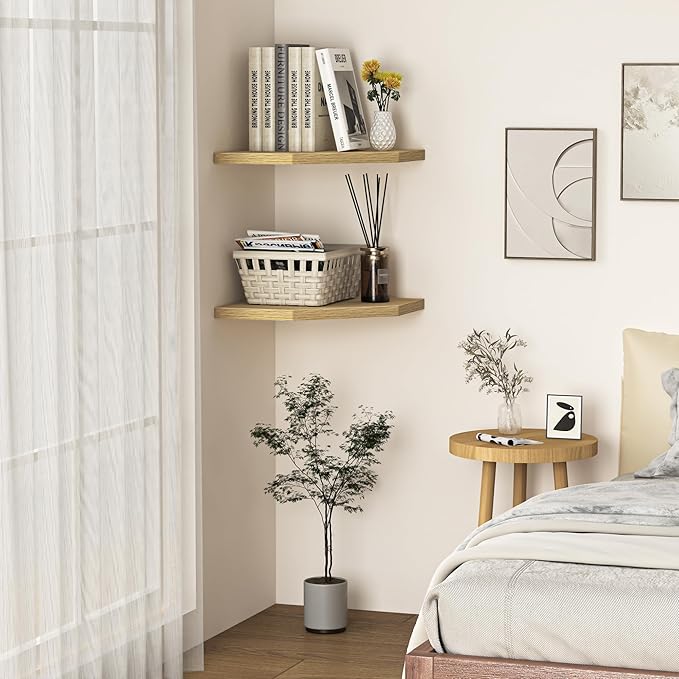 Corner Shelf Wall Mount, Floating Corner Shelves, Set of 2 Corner Wall Shelf Organizer, Rustic Wood Wall Storage Display Shel