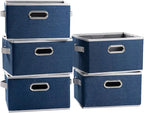 PRANDOM Large Collapsible Storage Baskets for Closet [5-pack] Decorative Fabric Storage Bins Cubes with Leather/Metal Handles