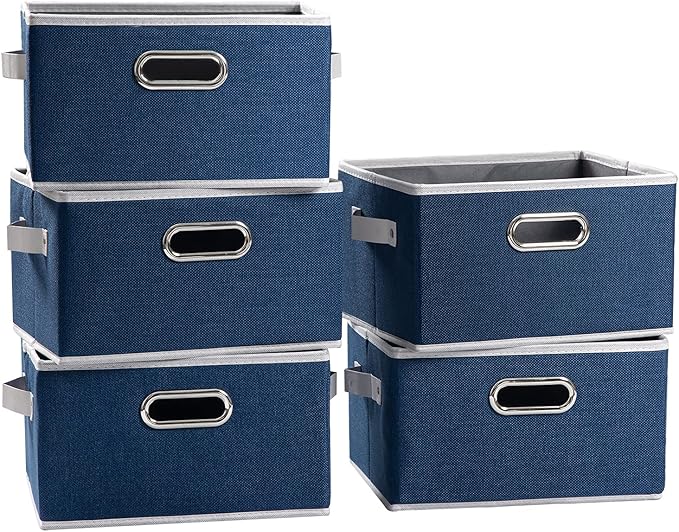 PRANDOM Fodable Storage Baskets for Closet [5-pack] Decorative Fabric Storage Bins Cubes with Leather/Metal Handles for Shelv