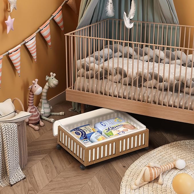 Under Bed Storage Containers with Wheels, 2 Pack Bamboo Under the Bed Shoe Storage Bins, Wood Rolling Underbed Drawers Organi