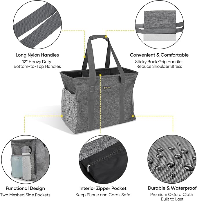 BALEINE Extra Large Utility Tote Bag with Reinforced Wire Frame, Reusable Grocery Bag for Shopping, Picnic (Grey, 16.5''x14''x10'')