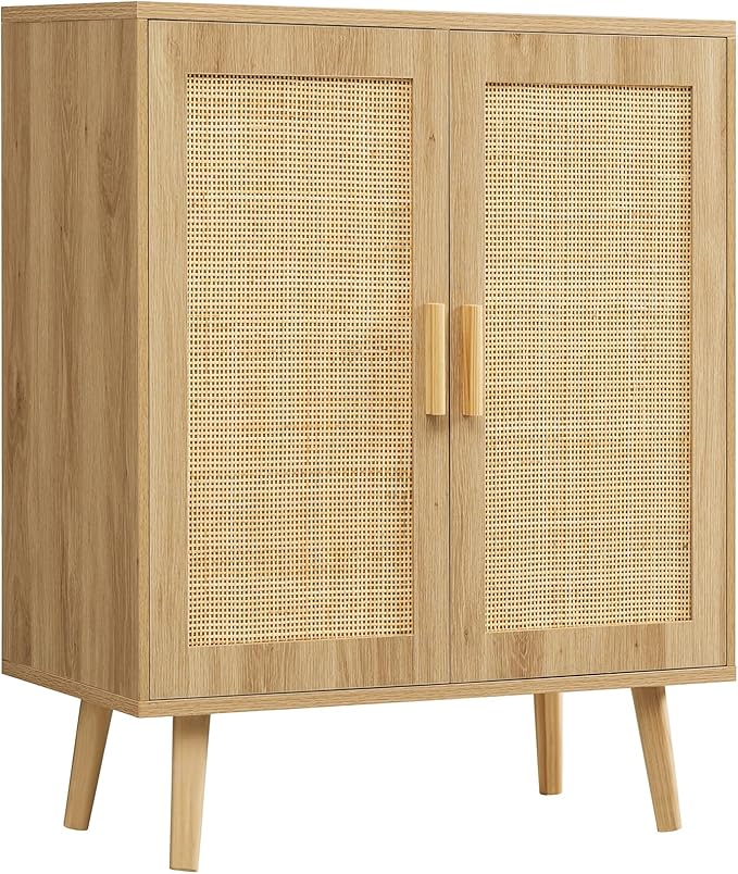Iwell Storage Cabinet with 2 Shelves, Rattan Cabinet with 2 Doors, Sideboard Buffet Cabinets with Storage for Living Room, Di