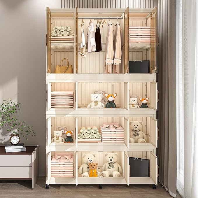 Portable Wardrobe Closet, Folding Bedroom Armoire, Plastic Closet Organizer with Hanging Rod, Clothing Storage Bins with Magn