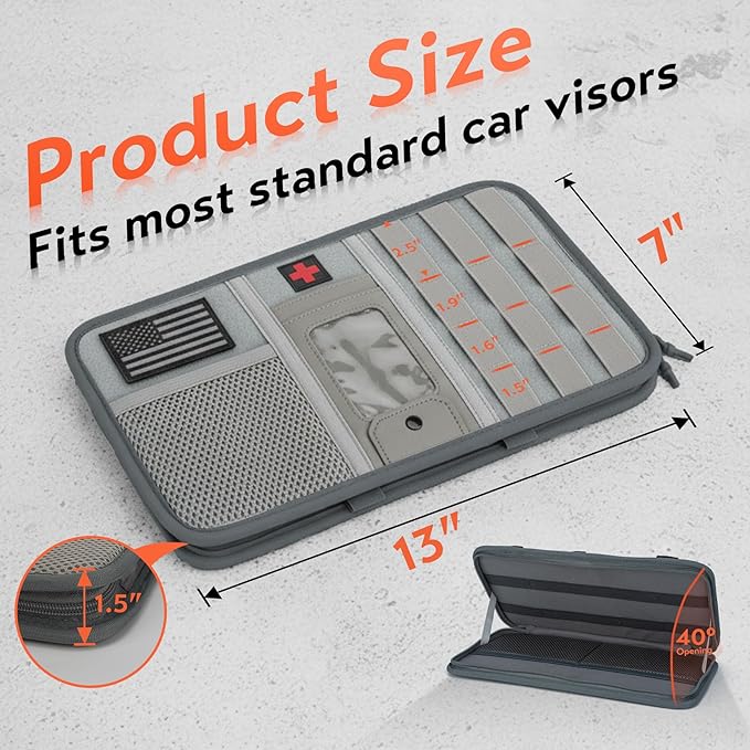 Molle Car Sun Visor Organizer, Tactical Visor Organizer with Zipper Pocket, Glasses Clip & ID Card, Semi-Rigid Molle Panel for Police Gear & Overlanding Accessories, Fit Trucks, SUVs, Jeeps, Gray