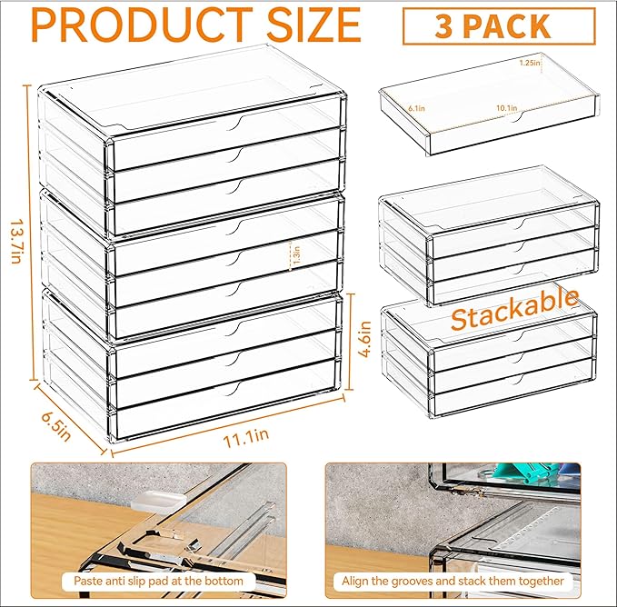 Yieach 11.1 Inch Long Clear Drawer Organizers Stackable,3 Pack Small Acrylic Drawers,School,Office Supplies Organizer And Sto