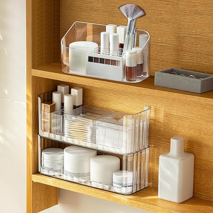 Poeland 2 Pack Stackable Makeup Organizer Tray, Transparent Cosmetic Display Case with 2 Lipstick Cases and 2 Cotton Swab Pad