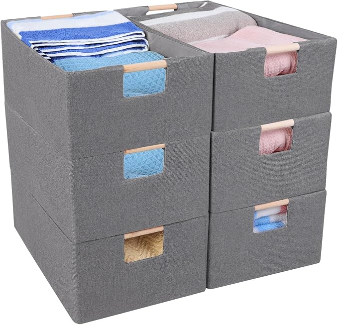 ANMINY 6PCS Storage Baskets for Organizing Collapsible Fabric Storage Bins Boxes with Wood Handles Closet Shelves Cube Organi