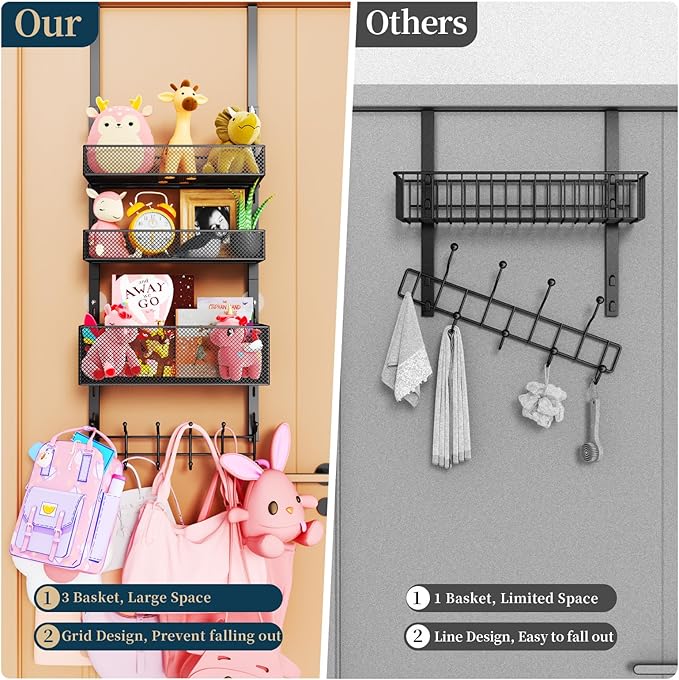 Consumest Over The Door Hooks Organizer - 4 Tier Door Coat Rack with 3 Baskets and 12 Hooks, Stainless Steel Towel Hanger for