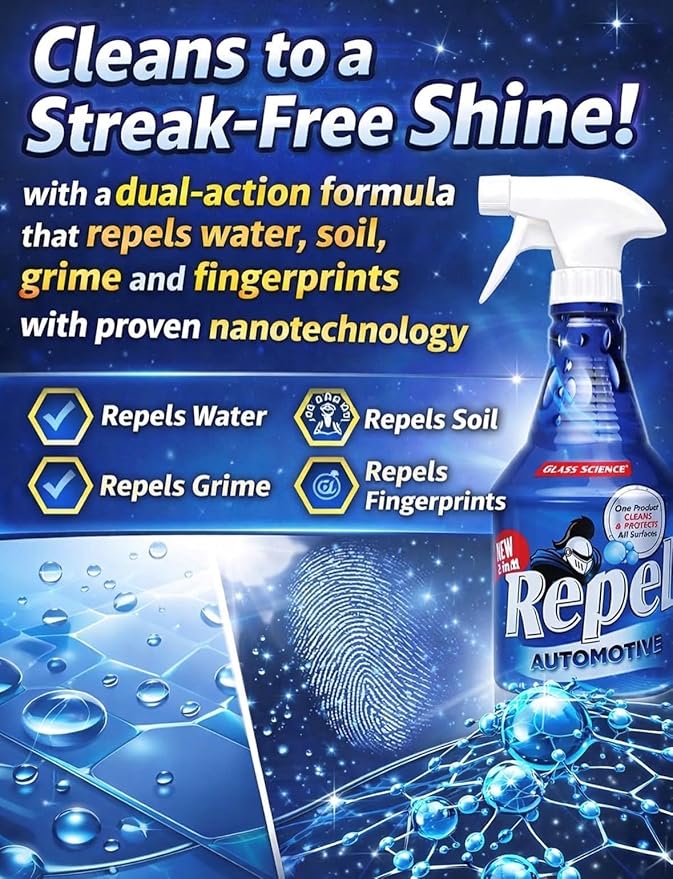 Repel Auto Glass Cleaner, Streak-Free with Protective Nano Barrier. Minerals, & Grime. Makes Glass Self-Cleaning. Safe & Non-