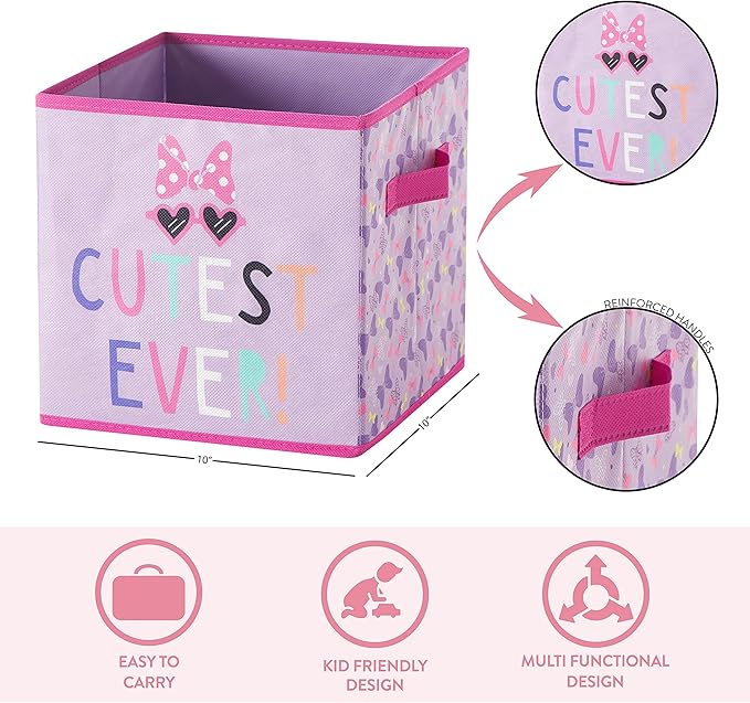 Idea Nuova Disney Minnie Mouse Set of Two Spacious Collapsible Storage Cubes, 10"x10", Minnie Mouse / Pink
