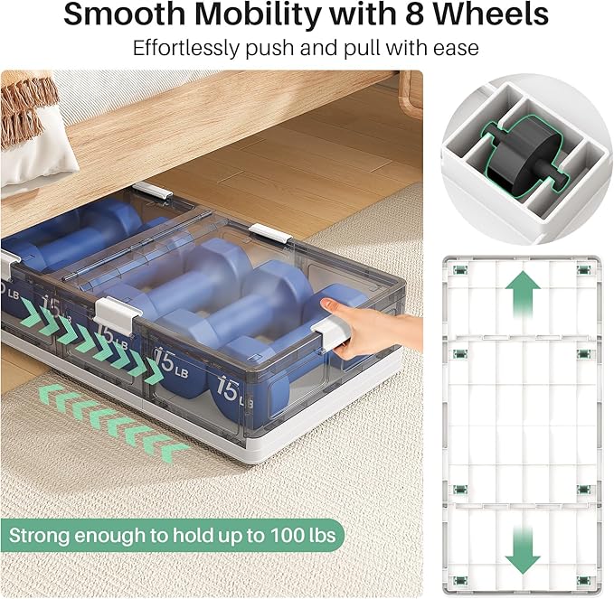 Kitstorack Clear Plastic Under Bed Storage Containers Bins with Lids and 8 Pre-installed Wheels,37.8 Qt, Rolling Foldable Fla