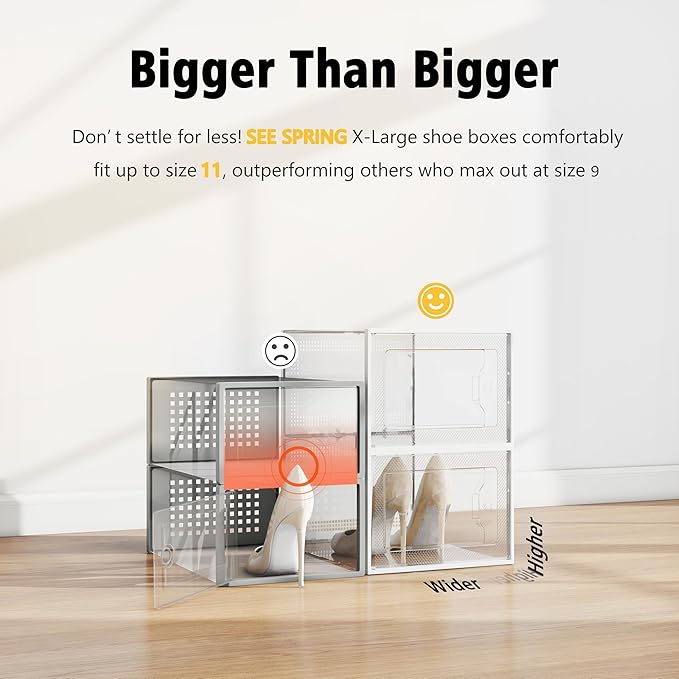 SEE SPRING X-Large Shoe Storage Box Fit Size 11, Clear Plastic Stackable Shoe Organizer for Closet, Space Saving Foldable Sho
