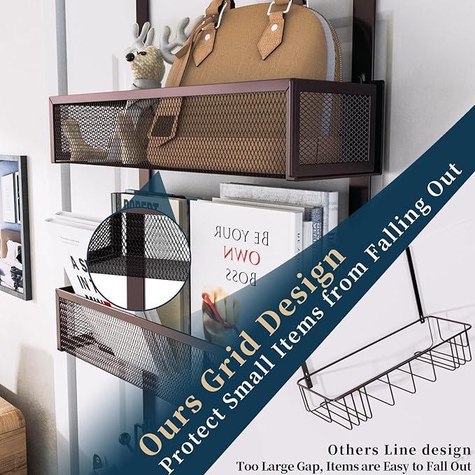 Consumest Over The Door Hooks Organizer - Extra Long Door Hanger with 9 Coat Hooks & 2 Mesh Basket, Back Storage Organizer Ha