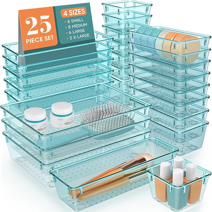 WOWBOX 25 PCS Plastic Drawer Organizer Set, 4 Sizes Desk Drawer Divider Organizers and Storage Bins for Makeup, Jewelry, Gadg