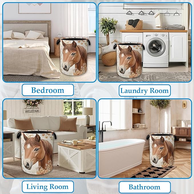 Horse Flowers Laundry Basket Collapsible Laundry Hamper Oxford Storage Bin for Clothes Storage, Toy Organizer, Books and Sund