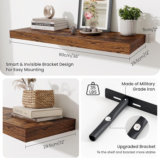 Fun Memories 12" Deep Floating Shelves for Wall, 36" W x 12" D Floating Shelves, Long Wood Floating Wall Shelf for Living Roo