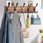 Kuhome Coat Rack Wall Mount Wooden Hat Rack for Wall Hooks Pine Real Wood Plank 16.9" Brown Coat Hanger with 5 Triple Hooks f