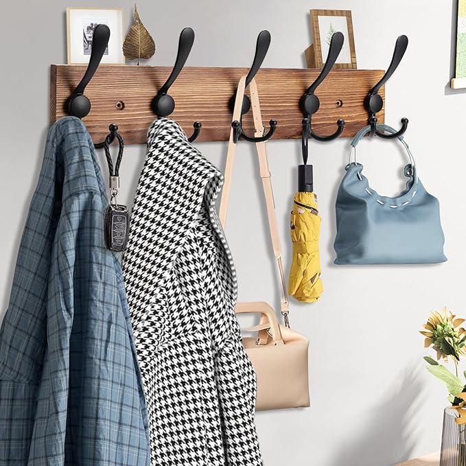 Kuhome Coat Rack Wall Mount Wooden Hat Rack for Wall Hooks Pine Real Wood Plank 16.9" Brown Coat Hanger with 5 Triple Hooks f