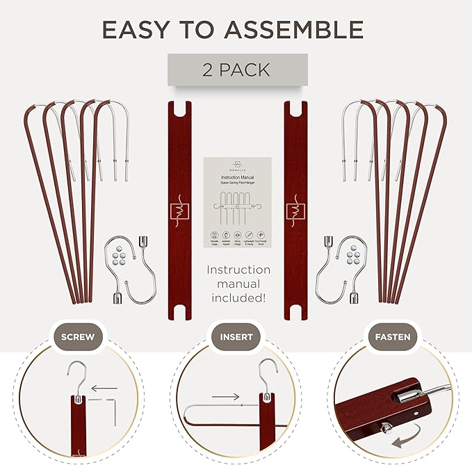 MORALVE Pants Hangers Space Saving - 2 Pack European Beechwood Scarf and Jean Hangers - Closet Organizer and Space Saver Pant