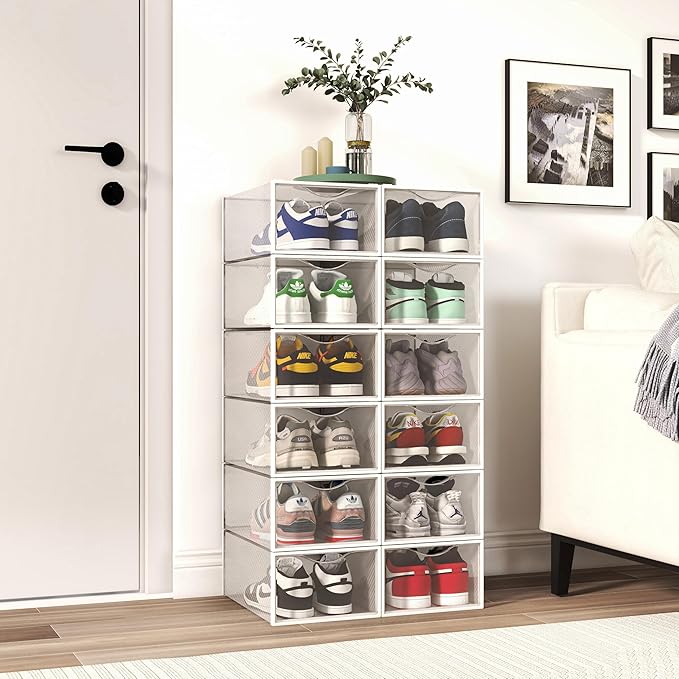 Seseno 12 Pack Shoe Storage Bins, Clear Plastic Stackable Shoe Organizer for Closet, Space Saving Foldable Shoe Rack, Shoe Bo