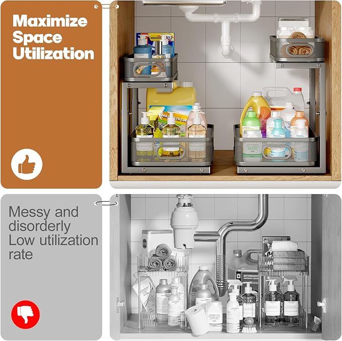 2 Pack 19.3IN-Depth Under Sink Organizer with Smooth Cylindrical Rail,2-Tier Pull Out Multi-Purpose Cabinet Storage for Bathr