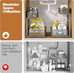 2 Pack 17.3IN-Depth Under Sink Organizer with Smooth Cylindrical Rail,2-Tier Pull Out Multi-Purpose Cabinet Storage for Bathr