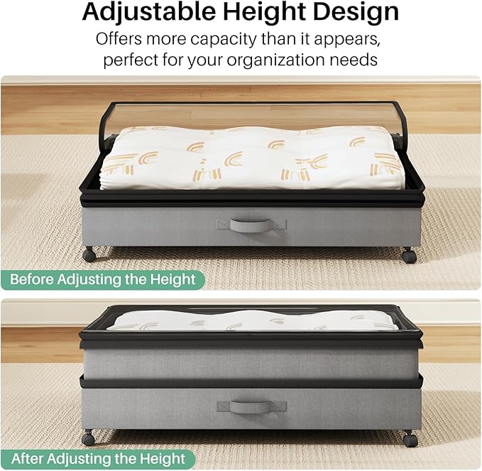 Kitstorack 4 Pack Height-adjustable Under Bed Storage with Wheels, Under Bed Storage Containers,Under Bed Shoe Storage Organi