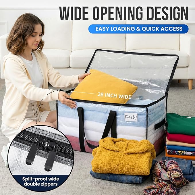 TAILI Extra Large Moving Bags, 4 Pack Clear Heavy Duty Totes For Storage with Visible Window, Wrap Around Handles, Storage Ba