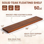 Teak Floating Shelves Set of 2-36 Inch Natural Waterproof Wood Wall Shelves with Invisible Brackets for Bathroom, Kitchen, Ba