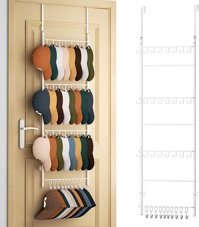 HapiRm Over Door Hat Organizer - 4 Tier Wall Mounted Hat Rack with 24 Hooks and 10 Movable Clips, Hanging Baseball Cap Organi