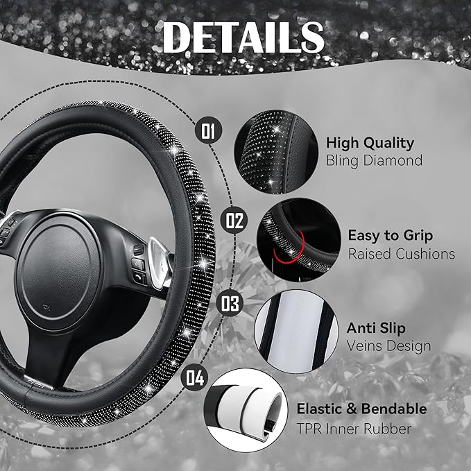 CAR PASS Leather Bling Seat Covers Full Sets 16 pcs, Bling Diamond Car Accessories Set for Women, Sparkly Rhinestone Steering