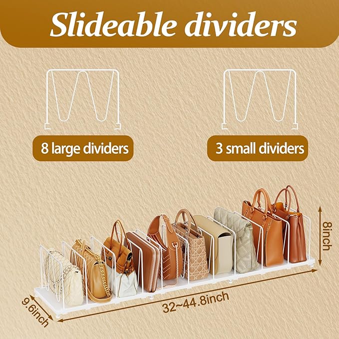 Dmevkic 11-Pack Adjustable Shelf Dividers, Expandable Purse Organizer for Closet (32–44.8"), Purse Storage Handbag Organizer 