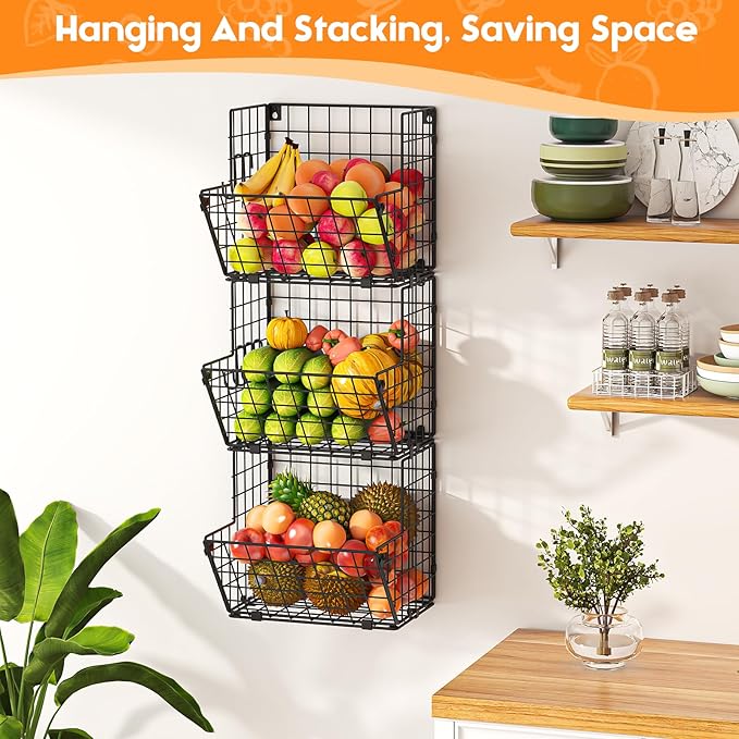 X-cosrack Metal Wire Basket Wall Mount, 3 Tier Wall Storage Organizer with 5 S Hooks, Kitchen Fruits and Vegetables Bin Toys 