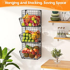 X-cosrack Metal Wire Basket Wall Mount, 3 Tier Wall Storage Organizer with 5 S Hooks, Kitchen Fruits and Vegetables Bin Toys 