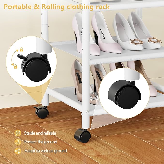 Furologee Portable Clothes Rack for Hanging Clothes, Rolling Clothing Rack With 3-Tier Shelves, Small Garment Rack with Wheel