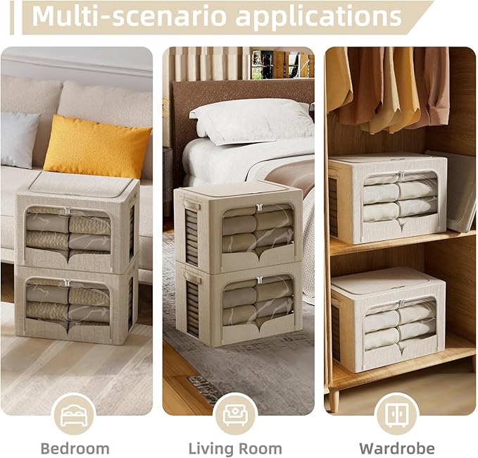 FHSQX 3 Pack Clothes Storage Bins - Foldable Metal Frame Storage Box - Stackable Linen Fabric Container Organizer Set with Ca