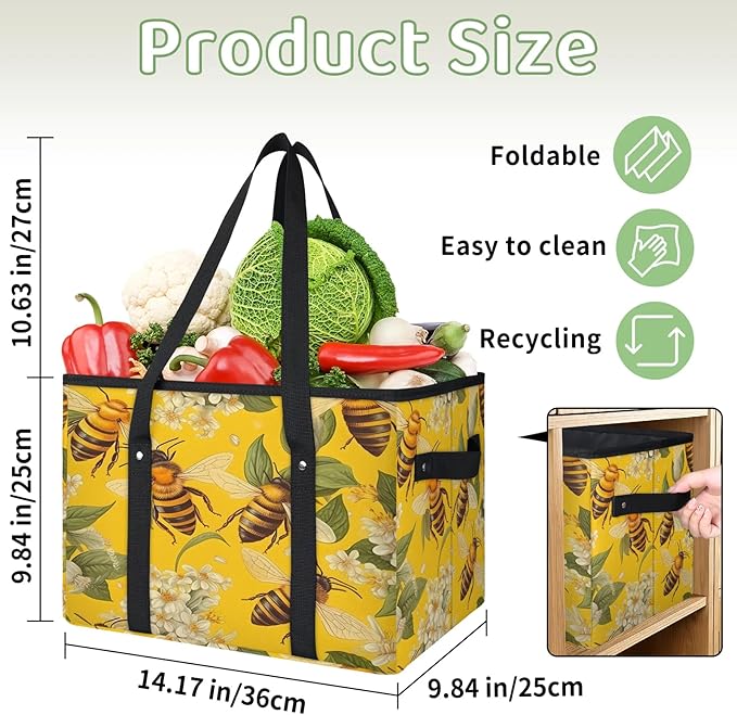 Reusable Grocery Bags Heavy Duty Shopping Bags Foldable Large Tote Bags with Long Handles & Hard Bottom