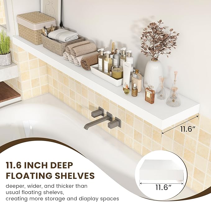 72 Inch White Floating Shelf | 12 Inch Deep Floating Shelves Set of 1 | 72" D x 12" D Rustic Wood Shelves for Wall | Deep Whi