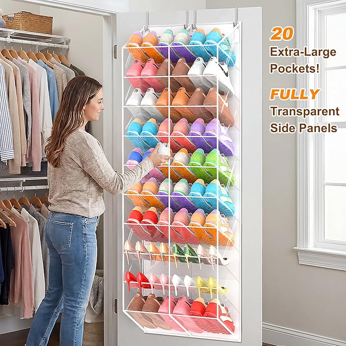 20-30 Pairs Over the Door Shoe Organizer, Transparent PVC Hanging Shoe Rack for Closet, 10-Tier Door Shoes Storage, Crystal-C