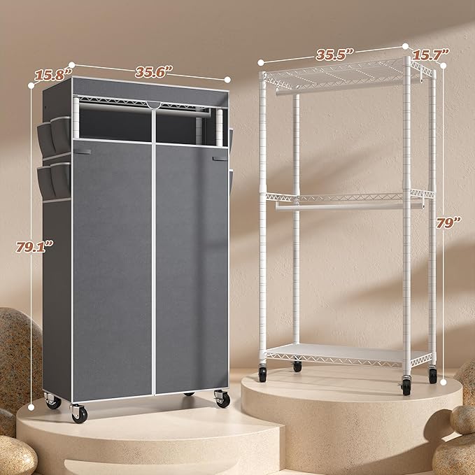 Raybee Rolling Clothes Rack with Cover Clothing Racks for Hanging Clothes Heavy Duty Portable Closet with Wheels Garment Rack