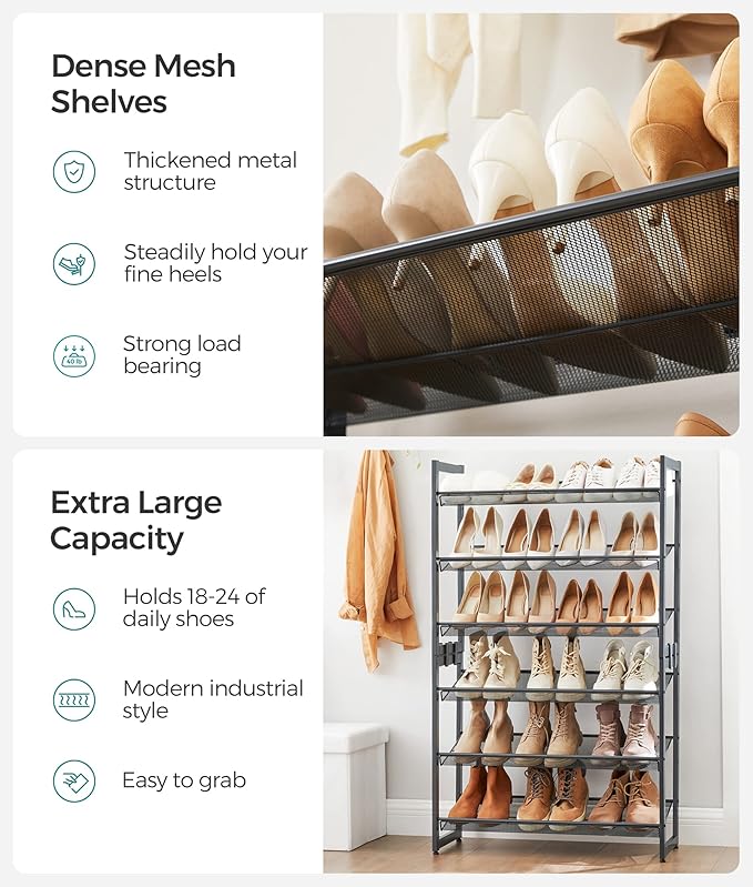 SONGMICS Shoe Rack, 6-Tier Shoe Organizer, Metal Rack for Garage, Set of 2, 3-Tier Stackable Shelf, with Adjustable Flat or A