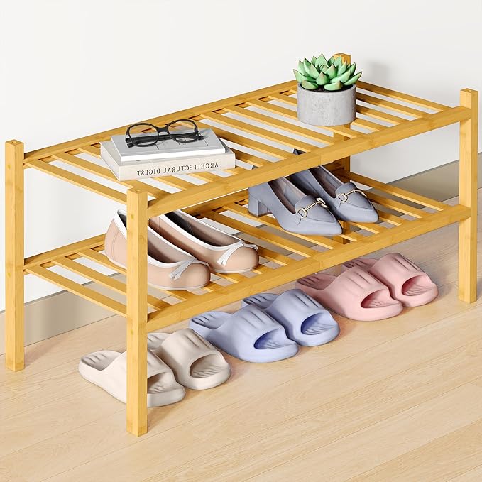 Smiry Bamboo Shoe Rack for Closet, 2 Tier Wooden Stackable Shoe Organizer, Free Standing Shoes Storage Shelf for Entryway, Fr