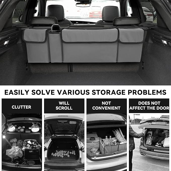 Car Trunk Organizer, Backseat Hanging Large Storage with Adjustable Straps,Waterproof PVC Collapsible Cargo Bag, Car Interior