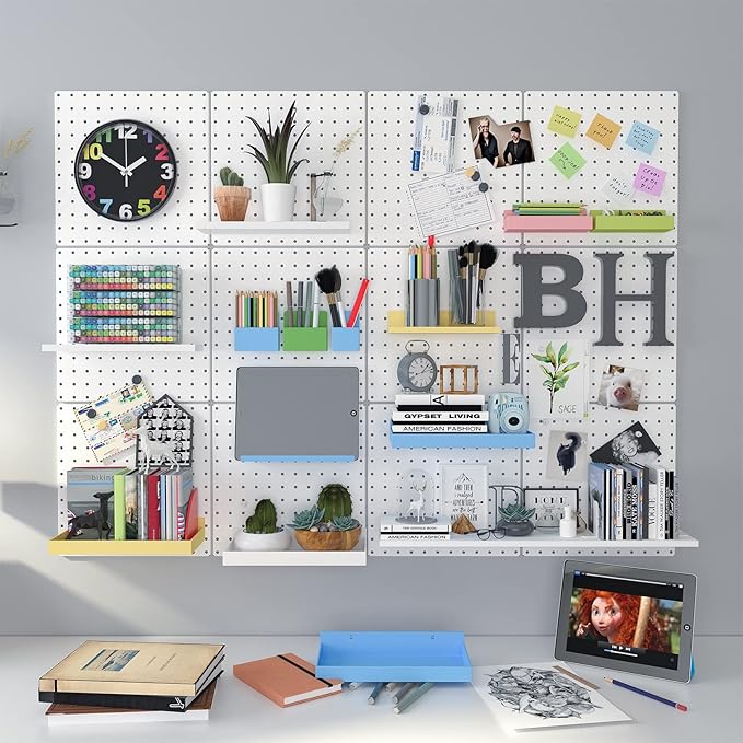 Peg Board, 6 Pack Metal Pegboard Panels White Pegboards Wall Organizer with Bent Frame Large Heavy Duty Peg Board for Walls H
