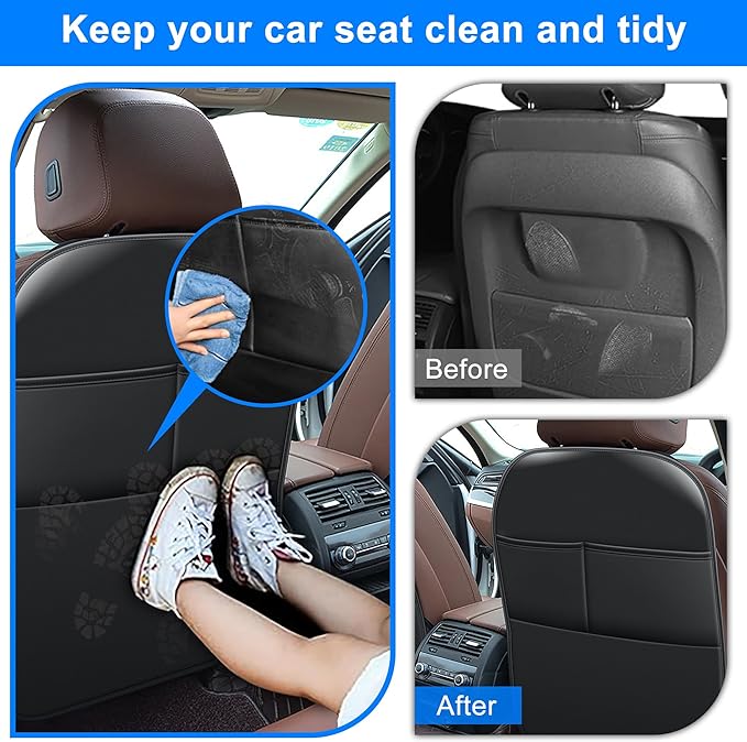 Kick Mats Back Seat Protector Fit for Honda Odyssey with 2 Pocket Storage Organizer - Faux Leather Waterproof Dirt Proof for Kids Feet Automotive Accessories (1 Pair,Black)